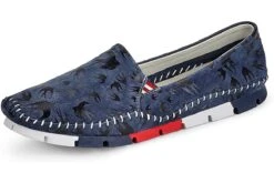 Cosmos Comfort Navy Suede Bird Print Flat Loafer Shoes