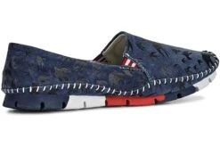 Cosmos Comfort Navy Suede Bird Print Flat Loafer Shoes -Fashion Shoe Store cosmos comfort navy suede bird print flat loafer shoes 303325