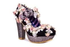 Irregular Choice Cosy Quilt Black Glitter High Heel Pastel Fabric Flowers Mary Jane Shoes