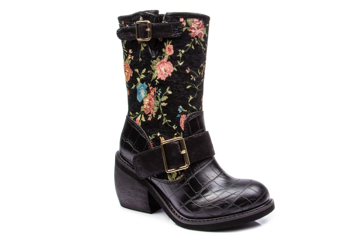Irregular Choice Great Escape Black Floral Block Heel Mid Calf Boots 4 Irregular Choice Great Escape Black Floral Block Heel Mid Calf Boots - Image 2