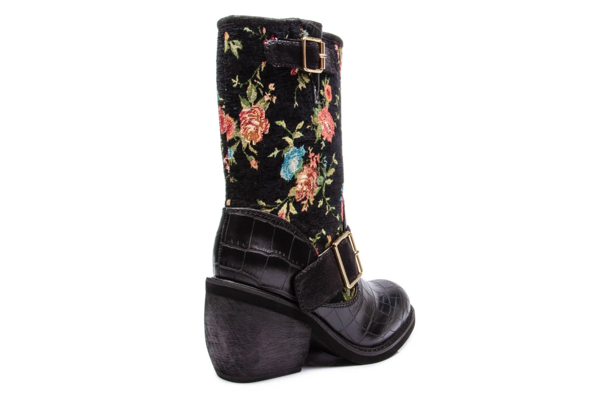 Irregular Choice Great Escape Black Floral Block Heel Mid Calf Boots 5 Irregular Choice Great Escape Black Floral Block Heel Mid Calf Boots - Image 3