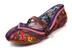 Irregular Choice Long Hot Summer Brown Blue Floral Embroidered Flat Shoes