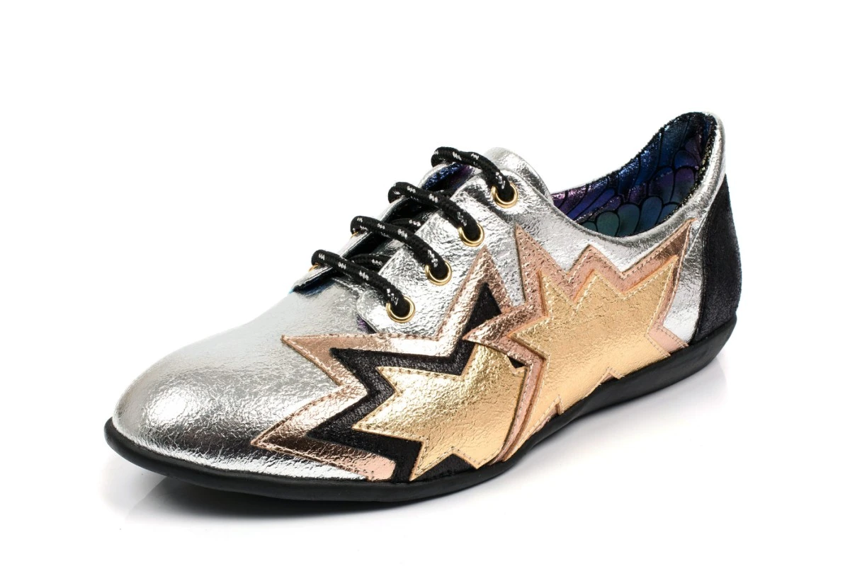 Irregular Choice Star Light Silver Black Metallic Lace Up Flat Shoes 3 Irregular Choice Star Light Silver Black Metallic Lace Up Flat Shoes