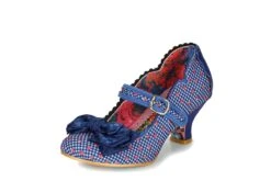 Irregular Choice Summer Breeze Blue Navy Gingham Strawberry Print Mid Heel Mary Jane Shoes