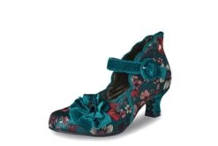 Joe Browns Sparrow Teal Green Floral Embroidered Velvet Mid Heel Shoes