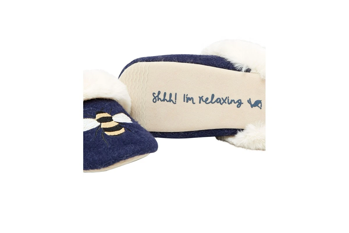 Joules Slippet Luxe Bee Embroidered Faux Fur Lined Navy Ballet Slippers 4 Joules Slippet Luxe Bee Embroidered Faux Fur Lined Navy Ballet Slippers - Image 3