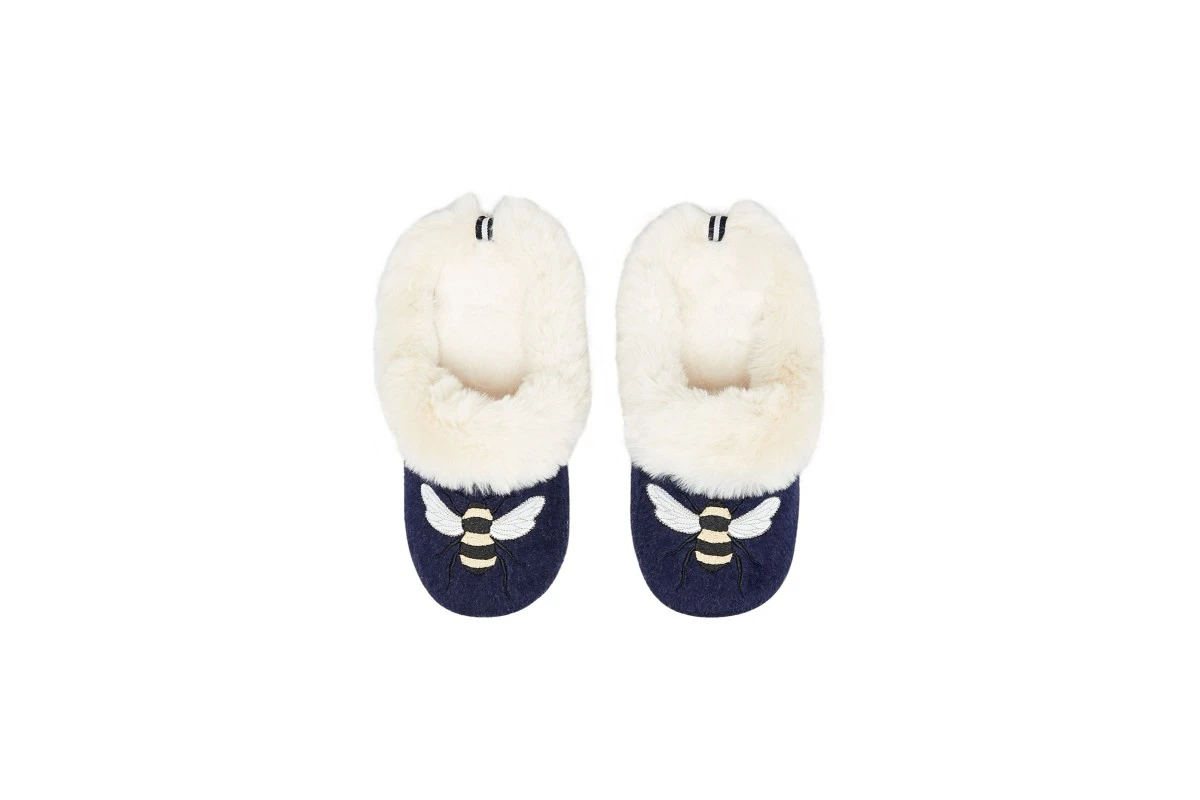 Joules Slippet Luxe Bee Embroidered Faux Fur Lined Navy Ballet Slippers 2 Joules Slippet Luxe Bee Embroidered Faux Fur Lined Navy Ballet Slippers