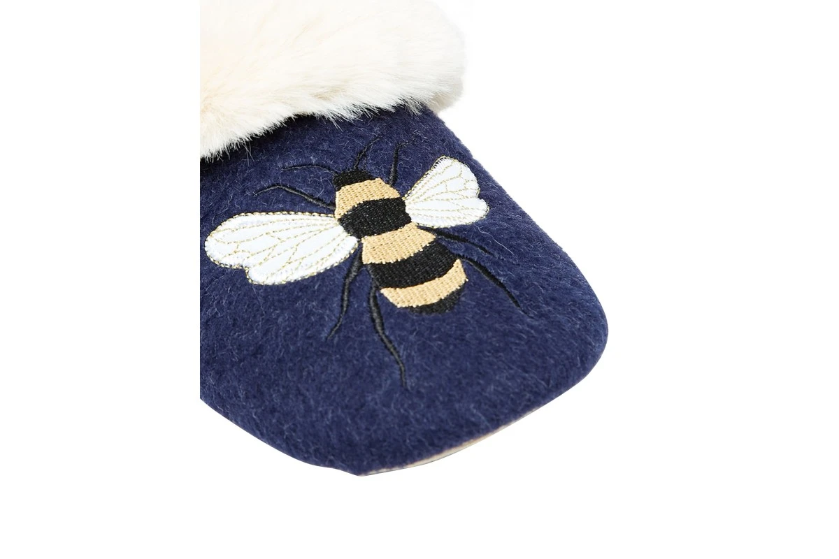 Joules Slippet Luxe Bee Embroidered Faux Fur Lined Navy Ballet Slippers 6 Joules Slippet Luxe Bee Embroidered Faux Fur Lined Navy Ballet Slippers - Image 5