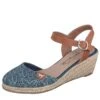 Mustang 1066-910 Blue Floral Embroidered Canvas Mid Wedge Heel Espadrille Sandals
