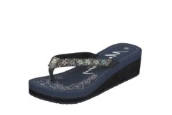 Mustang 1281-704 Navy Blue Low Wedge Heel Rhinestone Flower Flip Flops Sandals