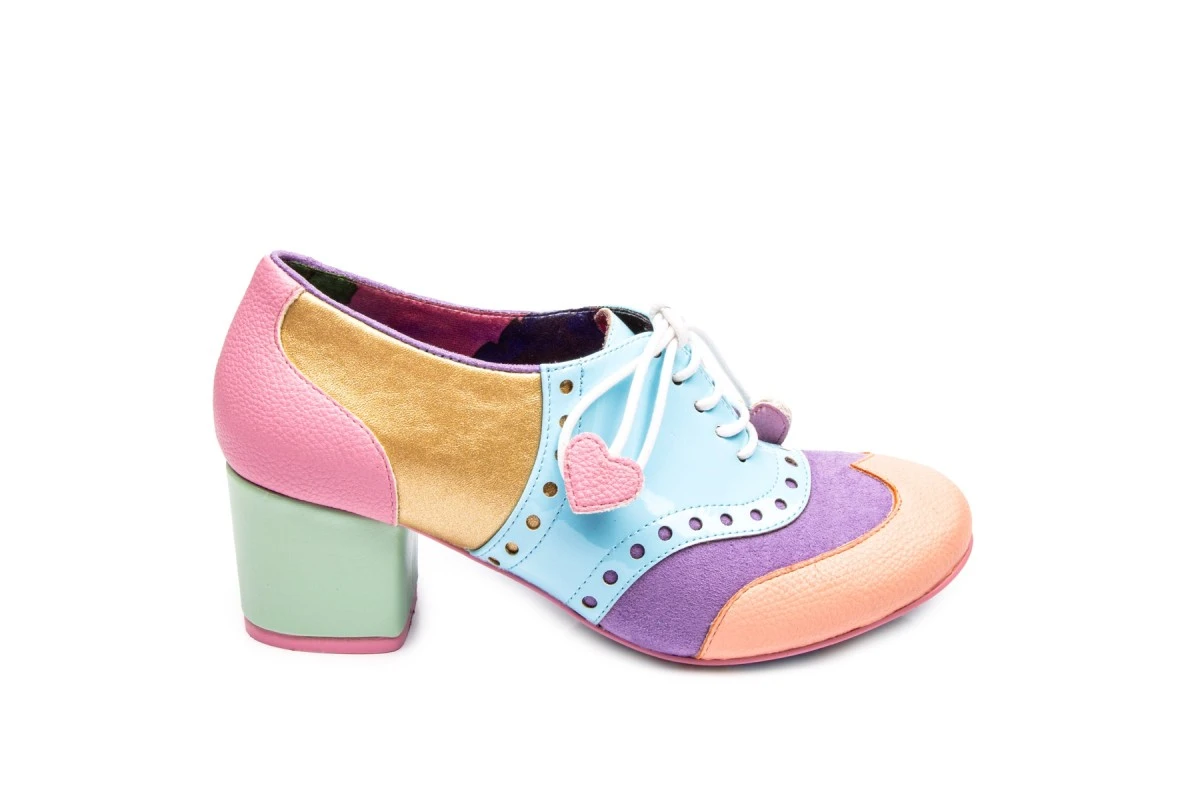 Poetic Licence Clara Bow Pink Multi Pastel Mid Heel Lace Up Brogue Shoes 4 Poetic Licence Clara Bow Pink Multi Pastel Mid Heel Lace Up Brogue Shoes - Image 2