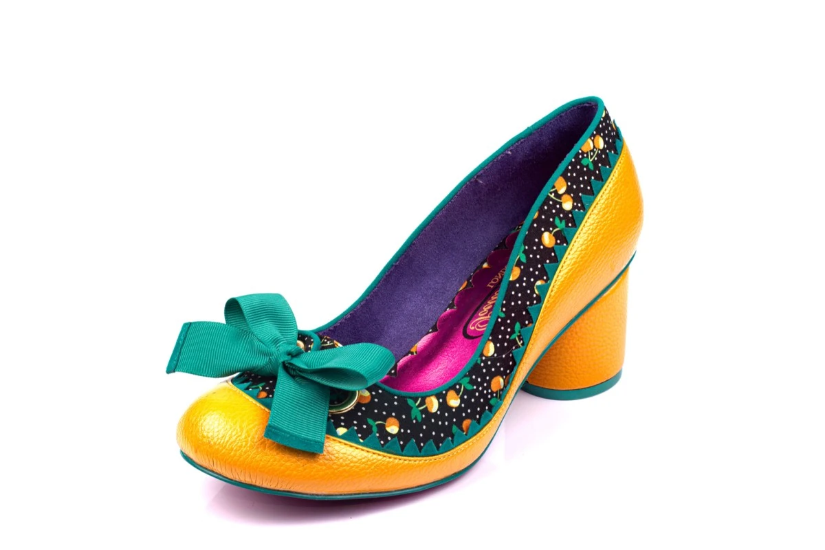 Poetic Licence Mitzi Yellow Mustard Black Teal Cherry Print Mid Heel Shoes 3 Poetic Licence Mitzi Yellow Mustard Black Teal Cherry Print Mid Heel Shoes
