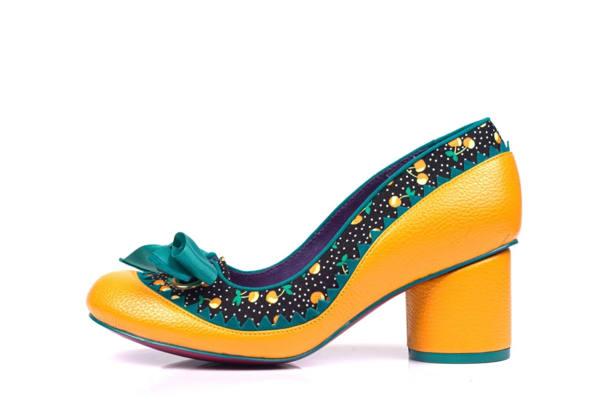 Poetic Licence Mitzi Yellow Mustard Black Teal Cherry Print Mid Heel Shoes 4 Poetic Licence Mitzi Yellow Mustard Black Teal Cherry Print Mid Heel Shoes - Image 2
