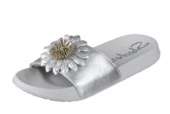 Skechers Cali 2nd Take Metal Petal Silver Grey Flat Slide Flower Sandals