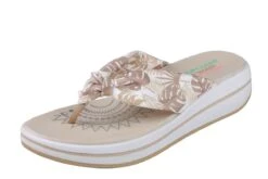Skechers Upgrades Pac Island Natural Beige Floral Wedge Flip Flops Sandals