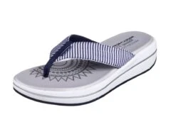 Skechers Upgrades Sailin Navy White Stripe Wedge Flip Flops Sandals