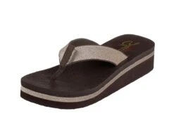 Skechers Vinyasa Unicorn Mist Chocolate Brown Glitter Low Wedge Sandals Flip Flops