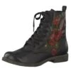 Tamaris 25114 Black Red Floral Embroidered Lace Up Flat Ankle Boots -Fashion Shoe Store tamaris 25114 black red floral embroidered lace up flat ankle boots 79655