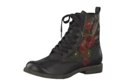 Tamaris 25114 Black Red Floral Embroidered Lace Up Flat Ankle Boots