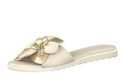 Tamaris 27128 Ivory Comb Metallic Flower Flat Leather Slide Sandals
